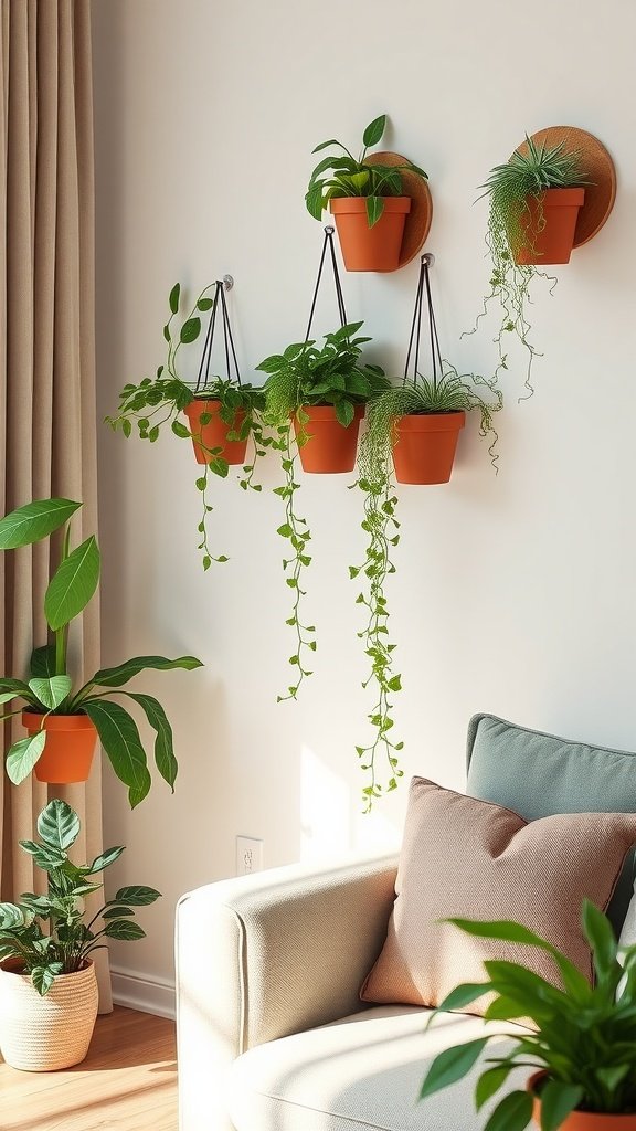 Wall-mounted plant holders with hanging pots and indoor plants in a cozy living room setting