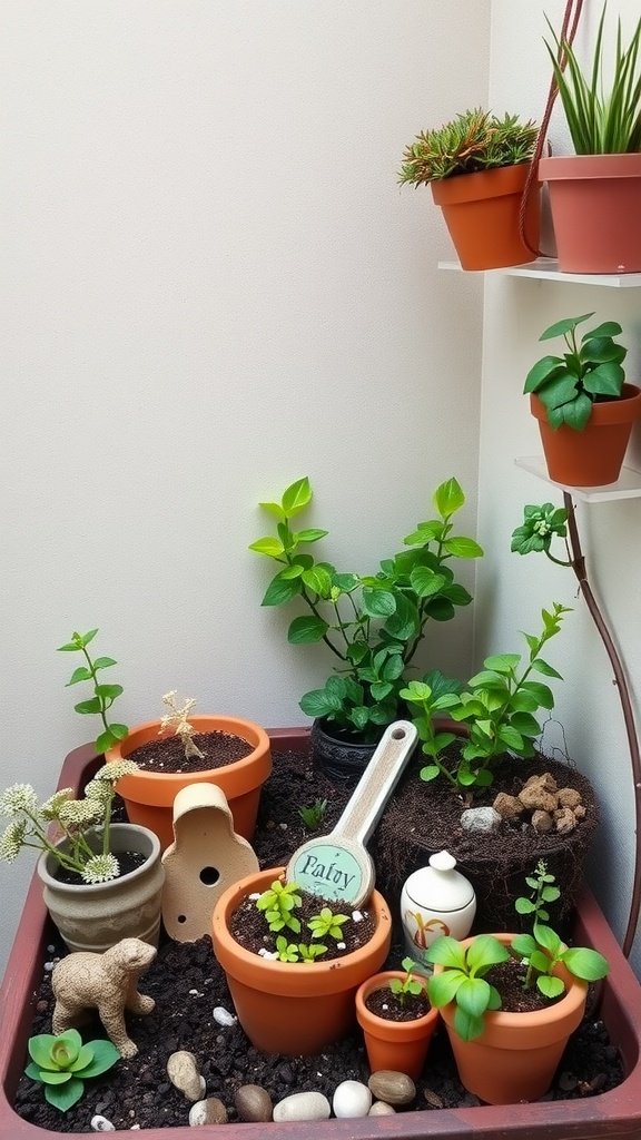 A whimsical indoor plant arrangement in a corner featuring various pots and a playful ceramic figure.