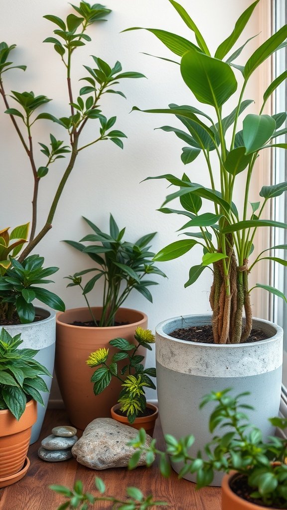 A cozy indoor corner featuring various plants in terracotta and concrete pots, arranged around smooth stones.