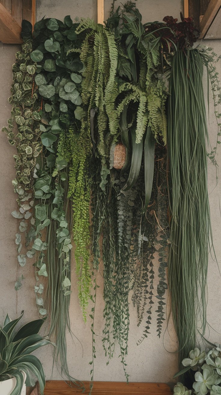 A textured plant wall featuring various hanging ferns and greenery.