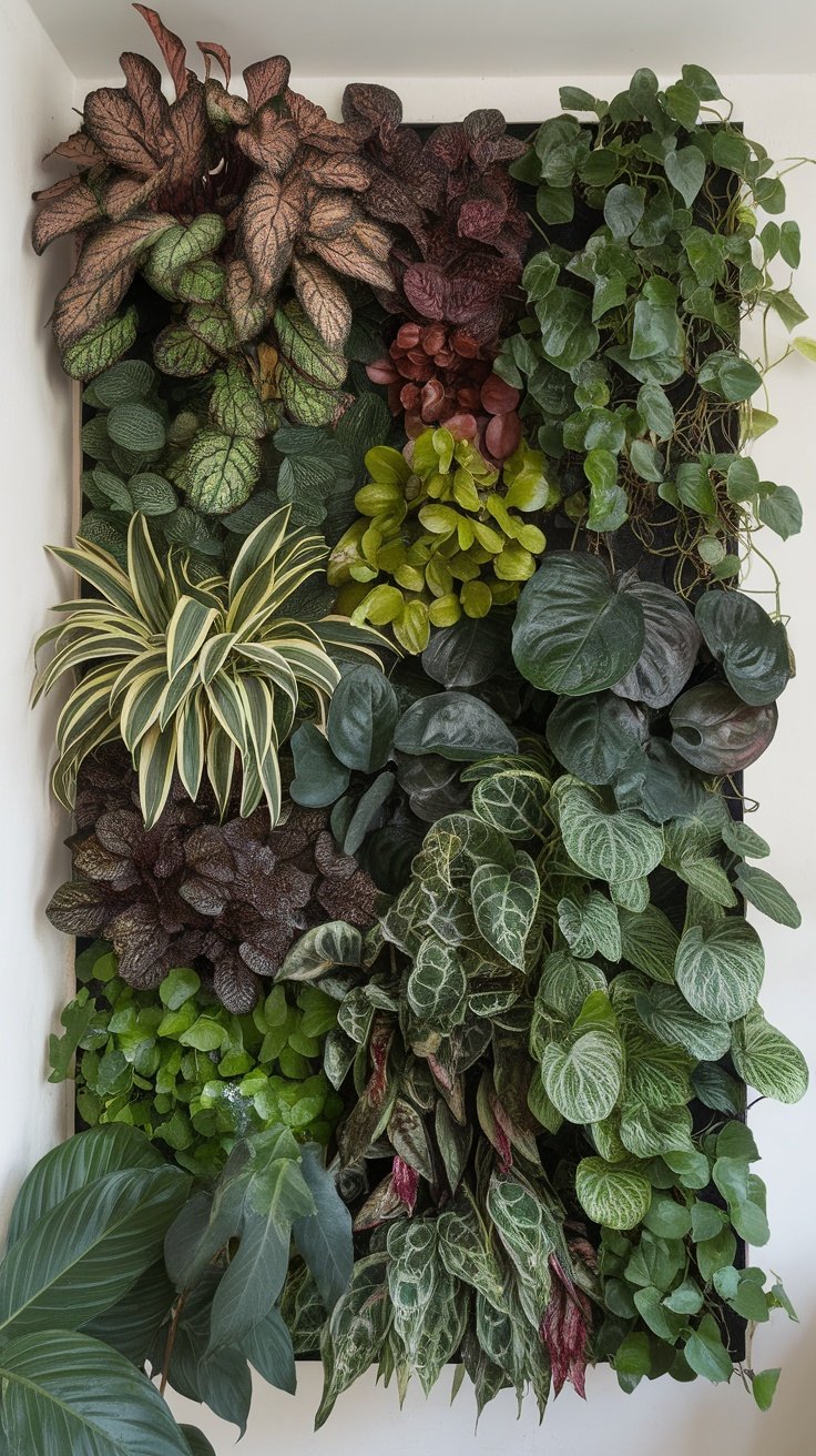 A vibrant wall of various plants, including ferns and hanging greenery.