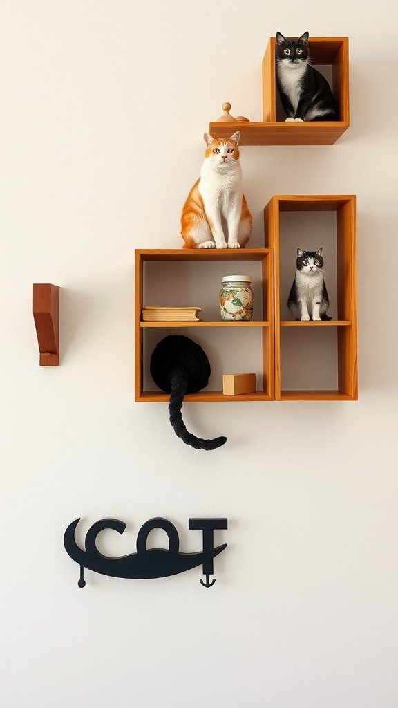 Artistic cat wall shelves with three cats and decorative items.