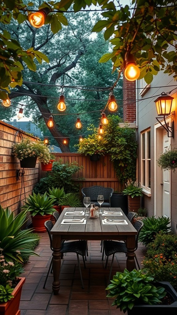 A backyard dining area adorned with bistro lights, surrounded by plants and a cozy table set for dinner.