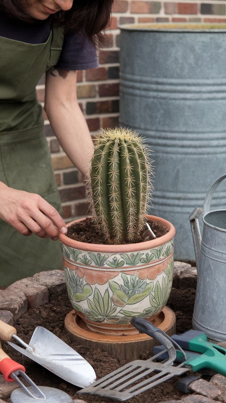 Person planting a cactus in a decorative pot surrounded by gardening tools.