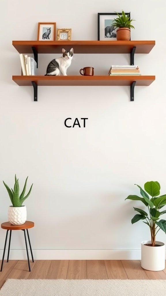 A cat on wooden wall shelves with plants and framed photos.