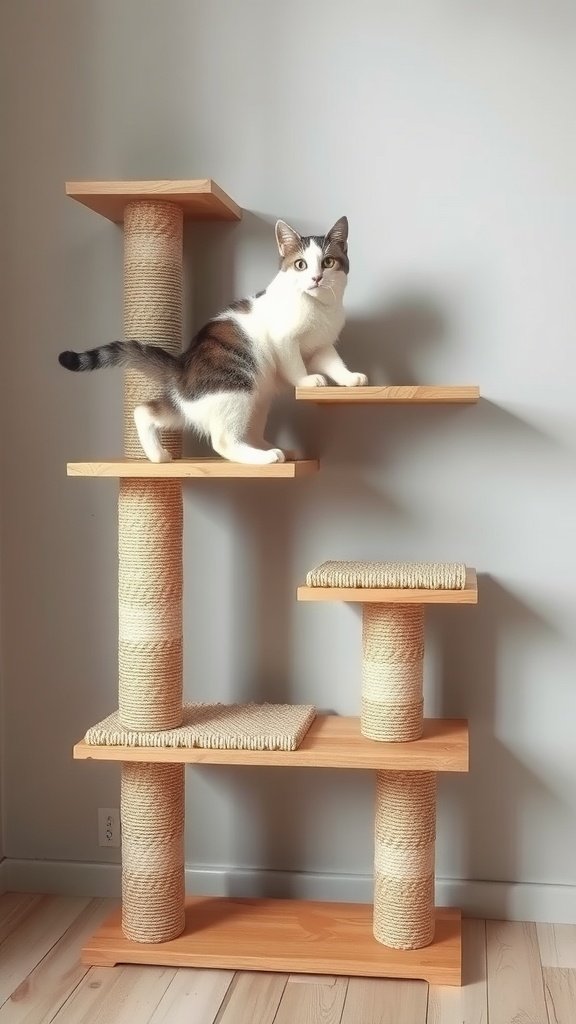A cat on a wooden wall shelf with sisal-wrapped areas, showcasing a modern cat climbing structure.