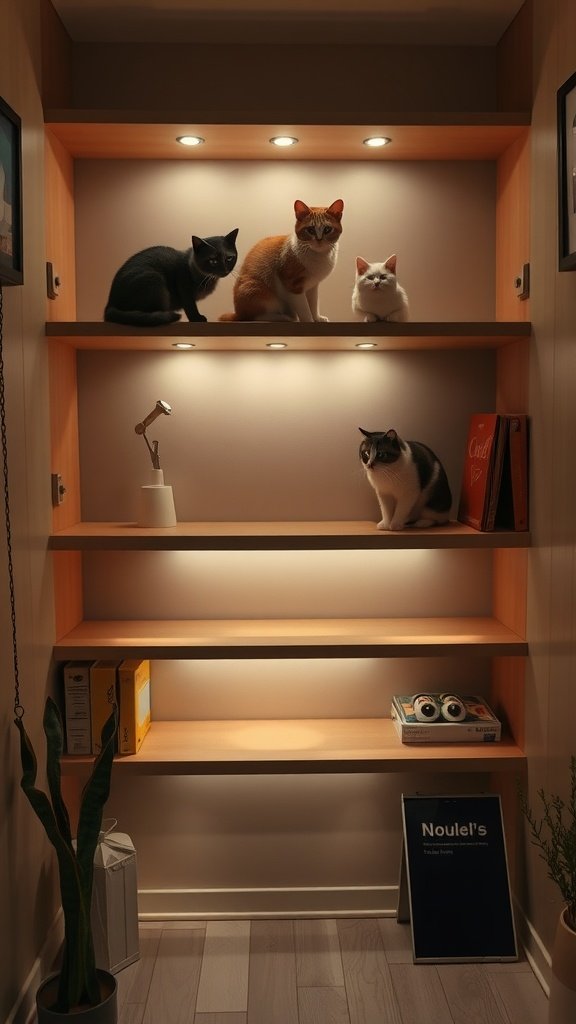 Cat shelves with built-in lighting featuring four cats on wooden shelves.