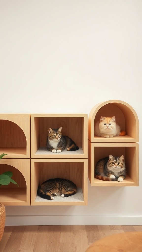 Cozy cat wall shelves with multiple cats resting inside