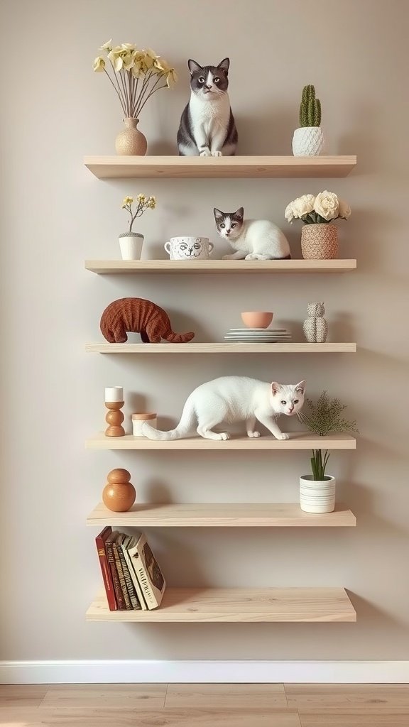 A wall with cat shelves featuring two cats, decorative plants, and small figurines.