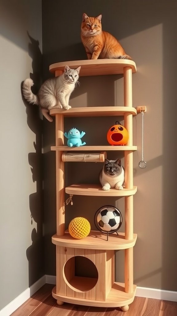 Cats on wooden shelves with integrated toys, showcasing a fun and playful design.