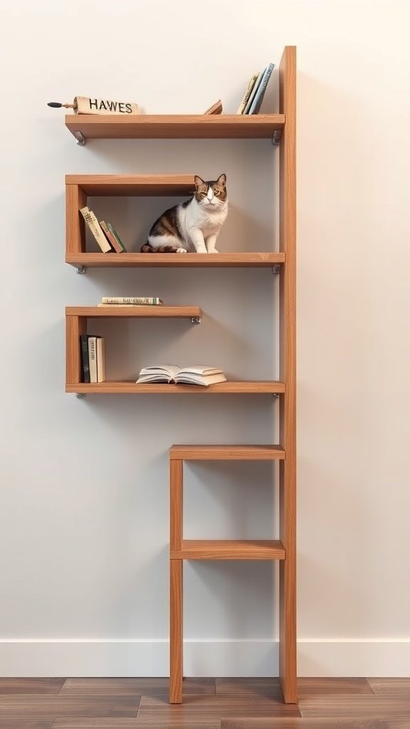 A stylish wooden cat wall ladder with shelves and a cat resting on one of the levels.