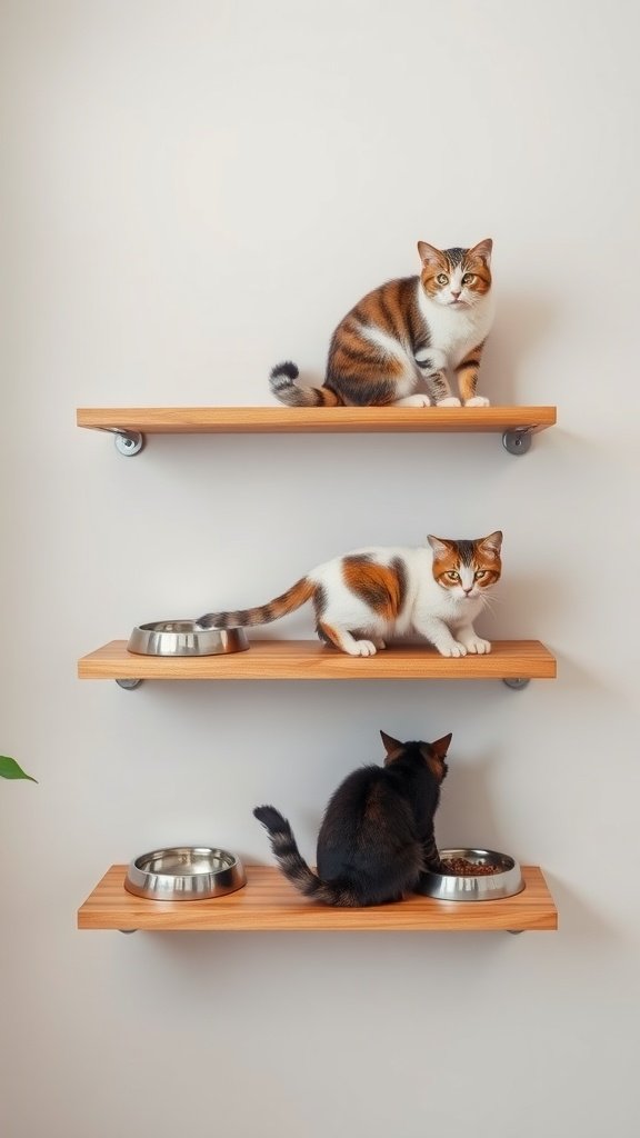 Two cats on wall shelves with feeding bowls