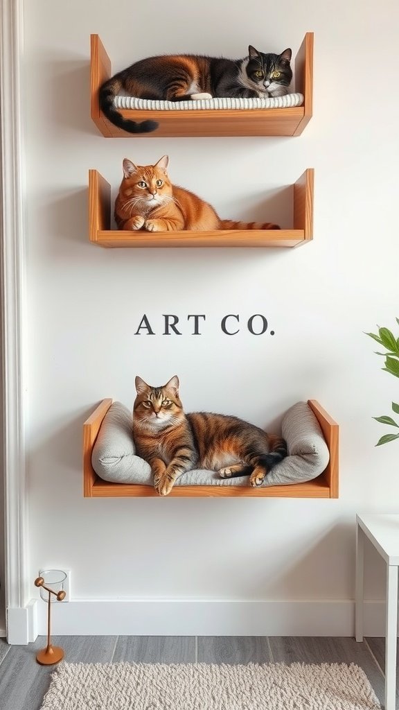 Three wooden cat wall shelves with soft cushions, featuring three cats lounging comfortably.