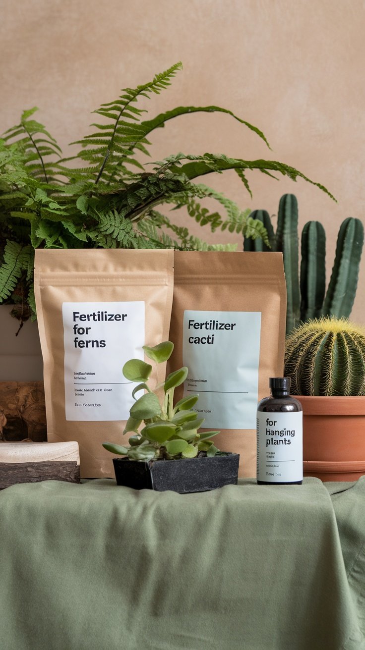 Fertilizers for ferns, cacti, and hanging plants on display.