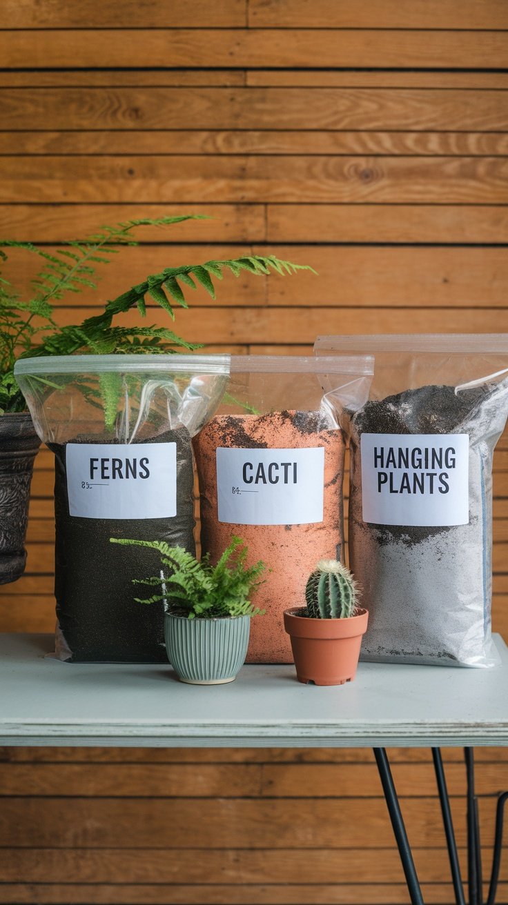 Bags of soil labeled 'Ferns,' 'Cacti,' and 'Hanging Plants' with small potted plants in front.