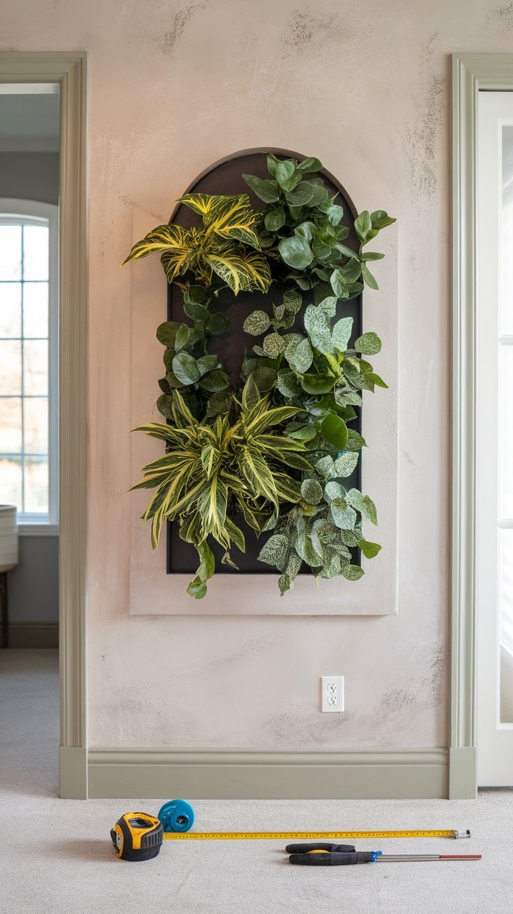 A beautiful plant wall installation featuring various green plants on a wall.