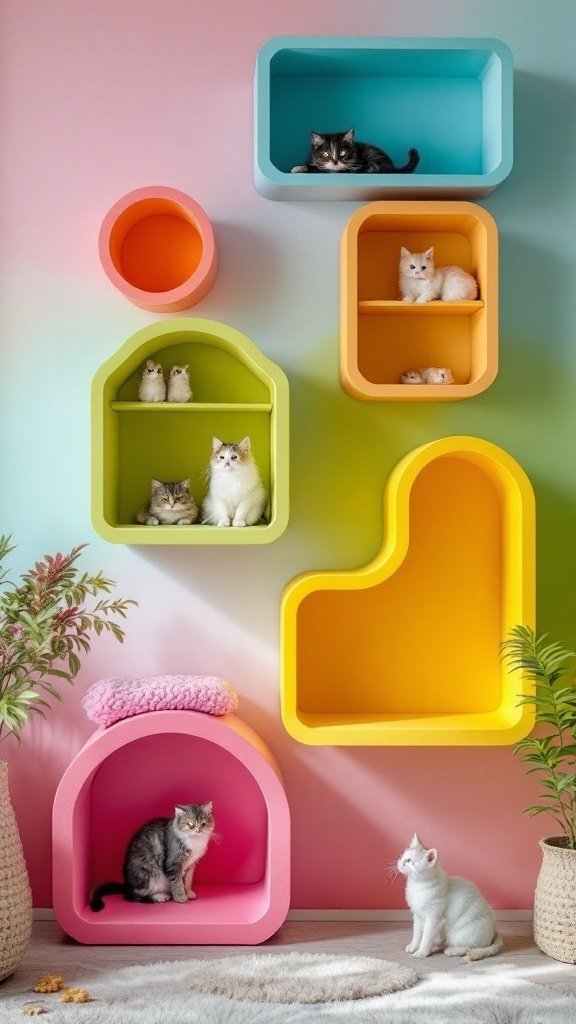 A colorful wall of cat shelves with various cats and decorative items.