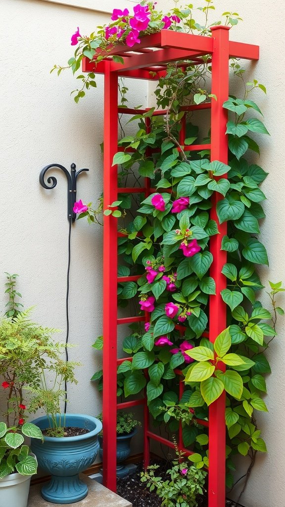 A colorful red garden trellis with climbing plants and flowers.