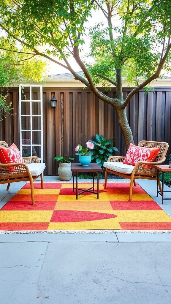 A vibrant outdoor rug with a geometric pattern placed under two chairs in a backyard setting.