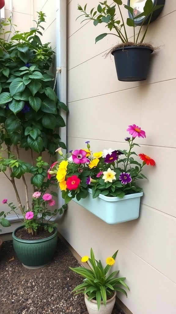 A vibrant display of colorful flowers in wall planters and pots.