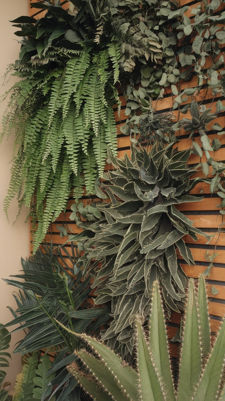 A plant wall featuring a mix of ferns and cacti, showcasing unique textures and colors.