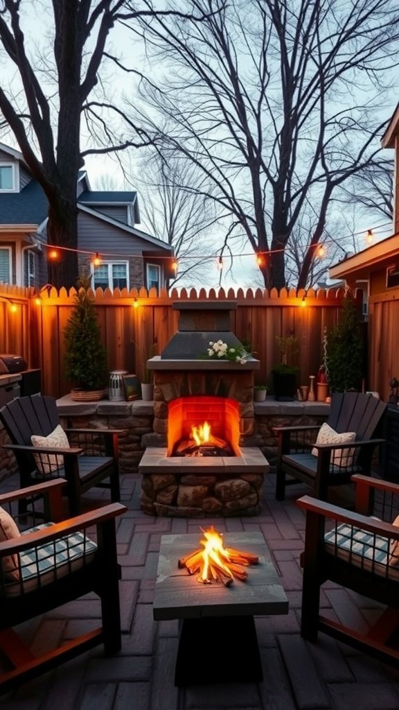 A cozy outdoor space featuring a compact fireplace surrounded by chairs and decorative lighting.