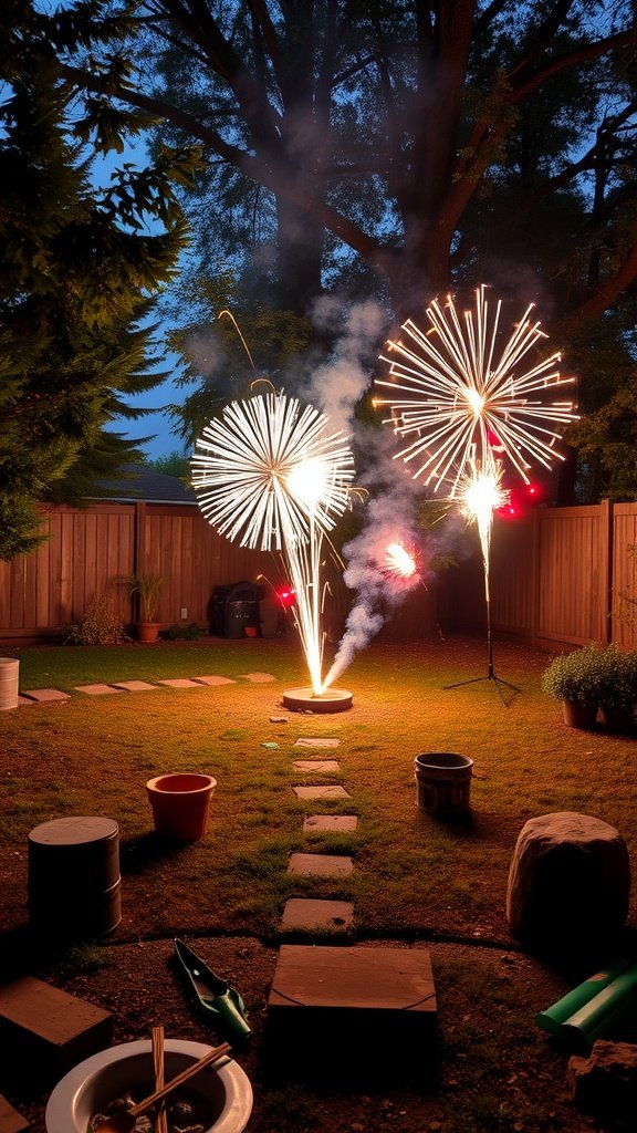 Backyard fireworks display with colorful sparks lighting up the night sky