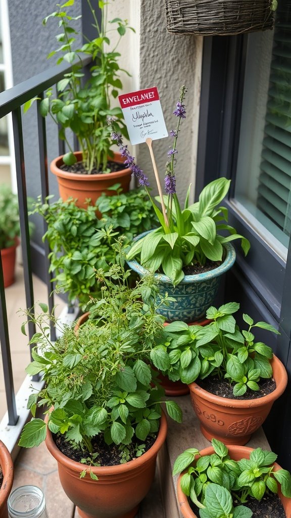 A collection of potted herbs on a balcony