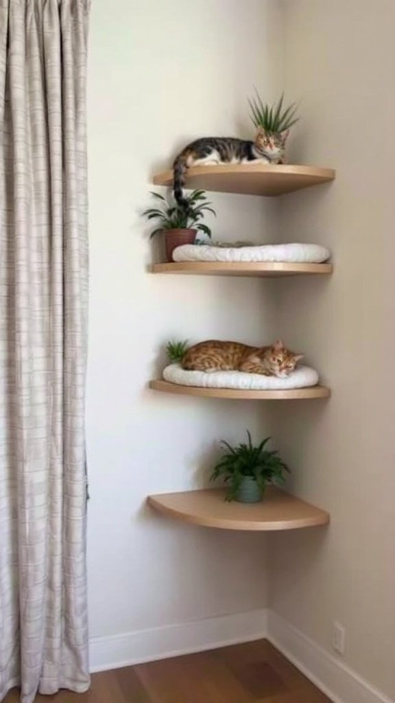 Stylish corner cat shelves with wooden boxes for cats to rest and play.