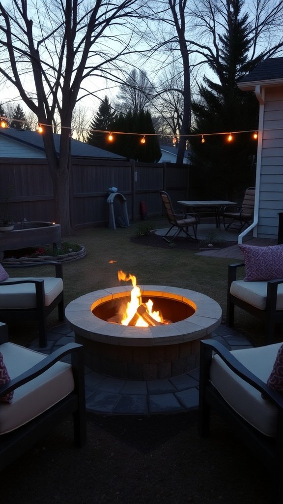 A cozy fire pit surrounded by comfortable chairs, with warm lighting and a peaceful atmosphere.