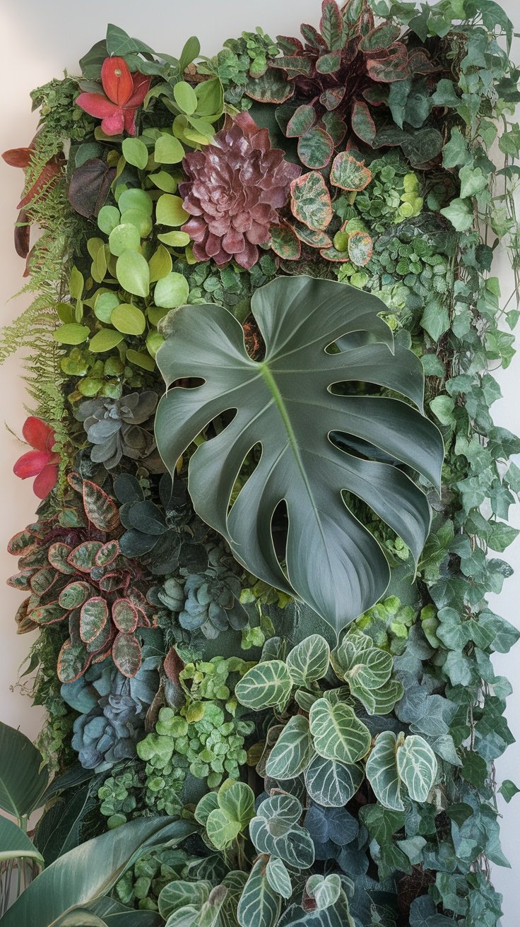 A lush wall of various plants including a prominent Monstera leaf among other greenery.