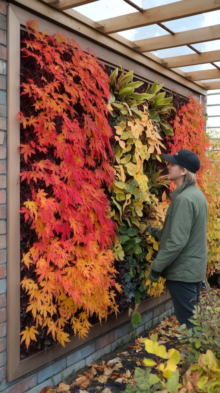 A person admiring a vibrant seasonal plant wall filled with colorful foliage.