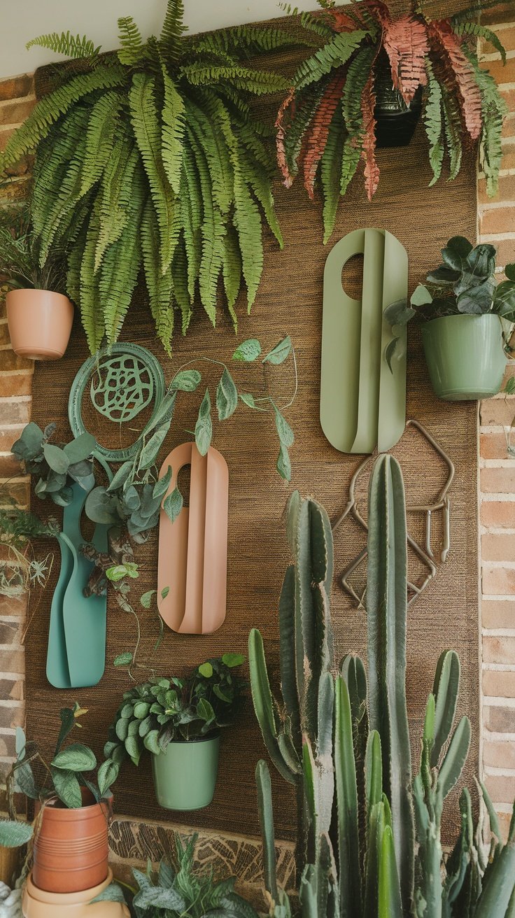A vibrant plant wall featuring ferns, cacti, and hanging greenery in coordinated pots.