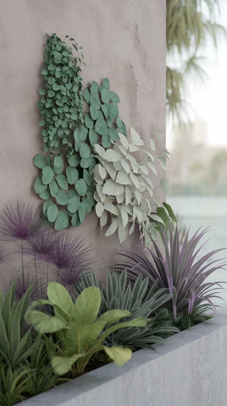 A beautiful plant wall featuring various green plants and ferns arranged for a soothing atmosphere.