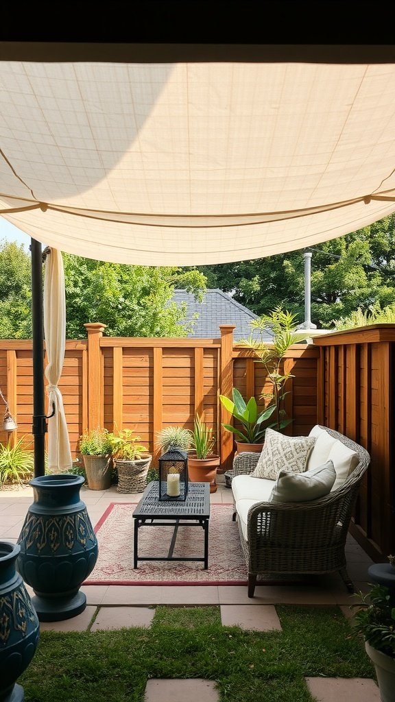 A cozy backyard nook with a fabric canopy, comfortable seating, and potted plants.