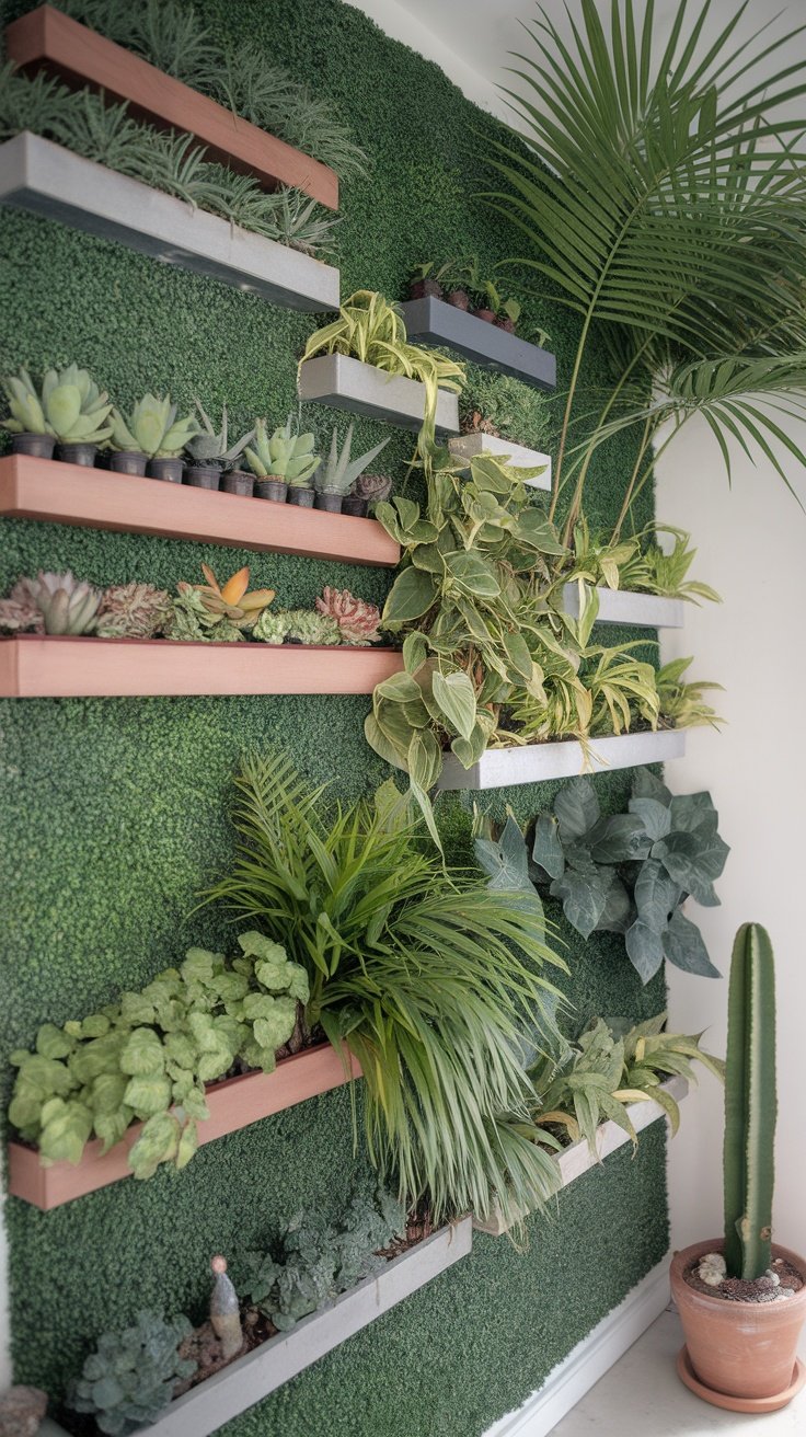 A vertical plant wall featuring layered greenery, including ferns and cacti.