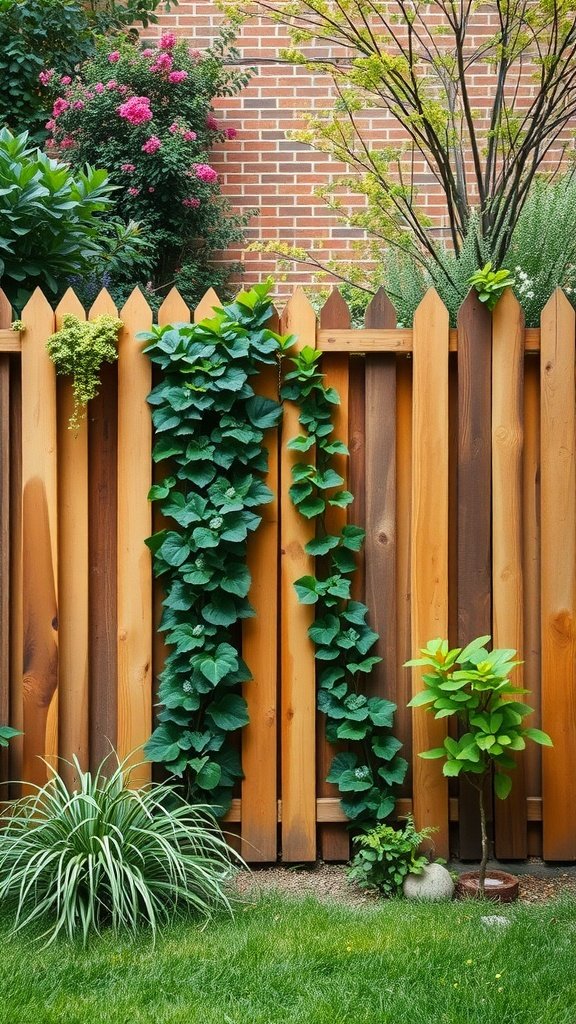 A wooden fence adorned with climbing plants and surrounding greenery.