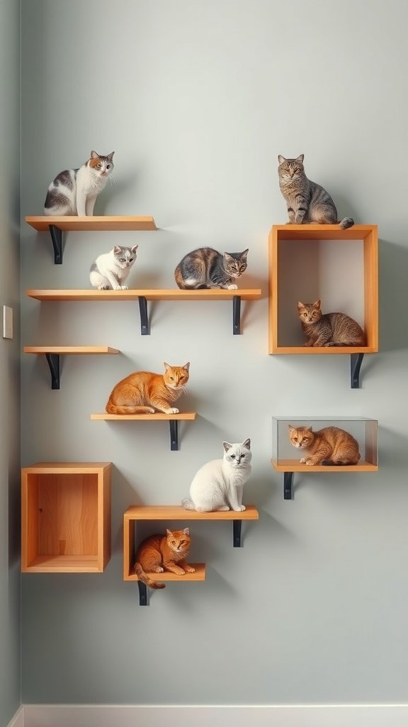 Cats sitting on creative wooden wall shelves in a modern living space.