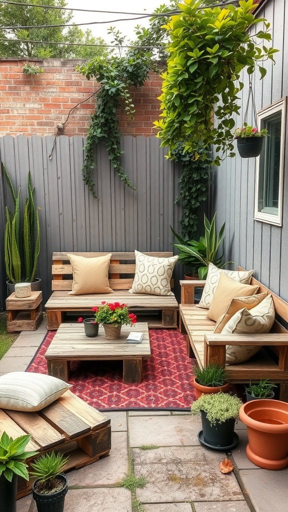 A cozy backyard setup with pallet furniture, cushions, and plants.