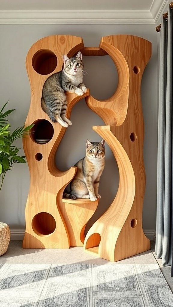 Two cats climbing on a wooden cat wall shelf with various shapes and openings.