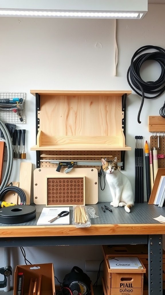 A DIY cat wall shelf kit setup with tools and a cat nearby.