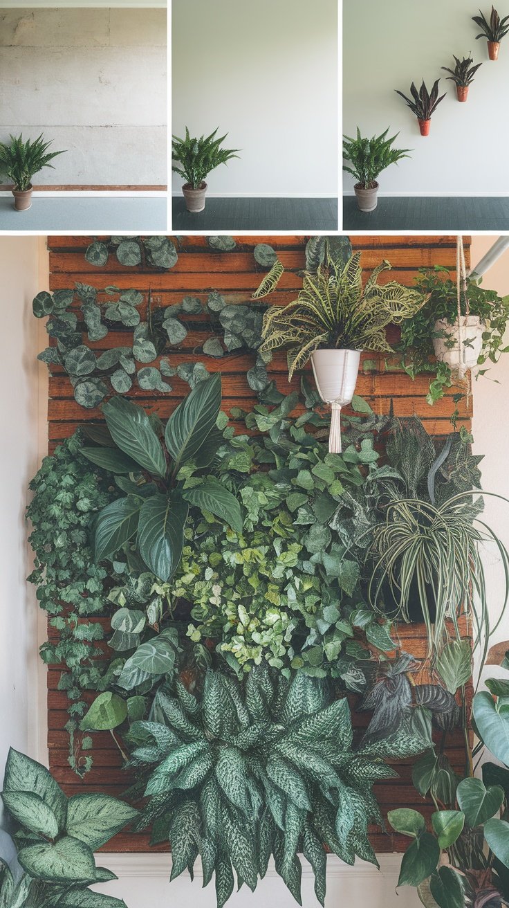 A collage of plant wall progression, featuring empty walls, potted ferns, and a lush plant wall.