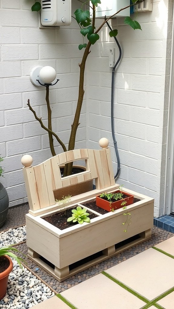 A wooden bench with planters integrated into its design, set in a small garden area.