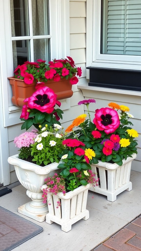 Colorful planter boxes with flowers in a backyard setting.