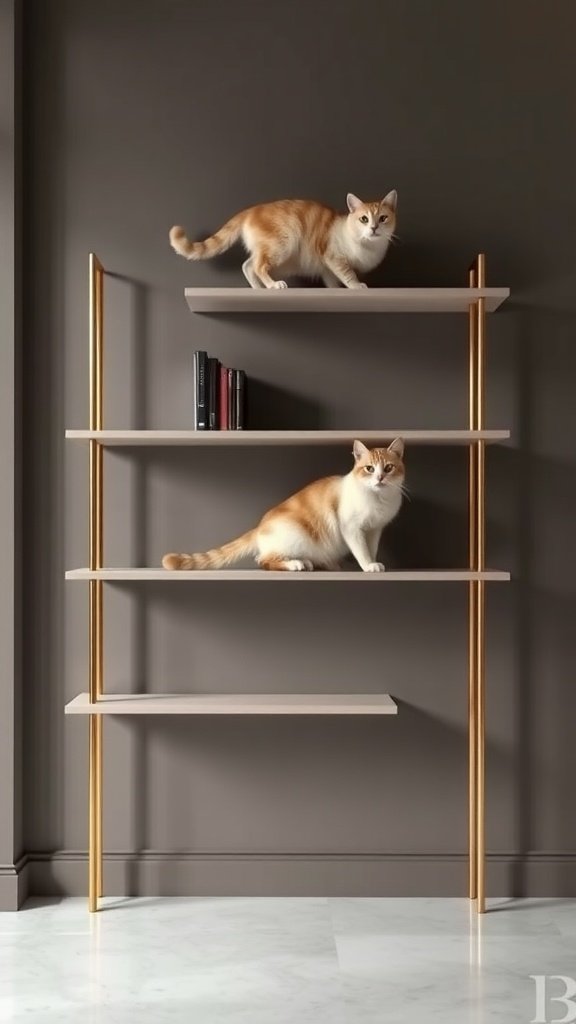 Two orange cats sitting and climbing on stylish wall shelves.