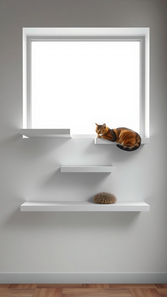 A cat lounging on floating shelves near a window.