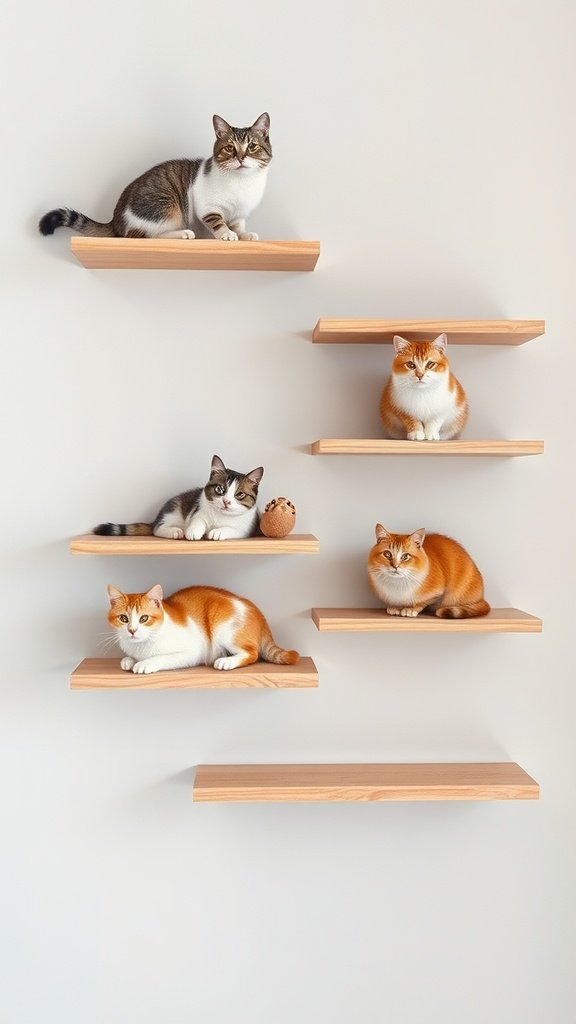 Cats lounging on wooden floating shelves on a wall