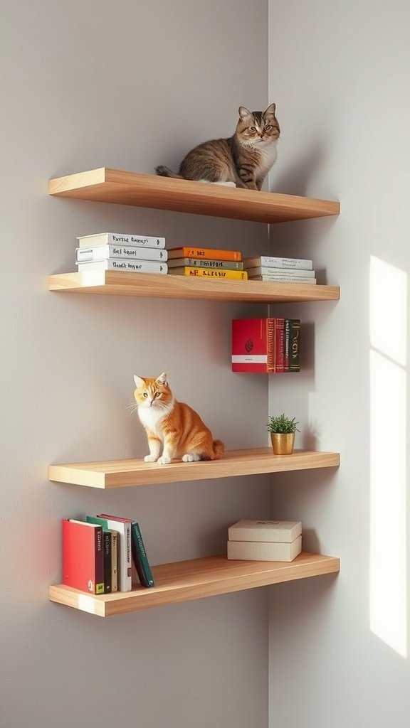 Two cats on floating wooden shelves, surrounded by books and plants.