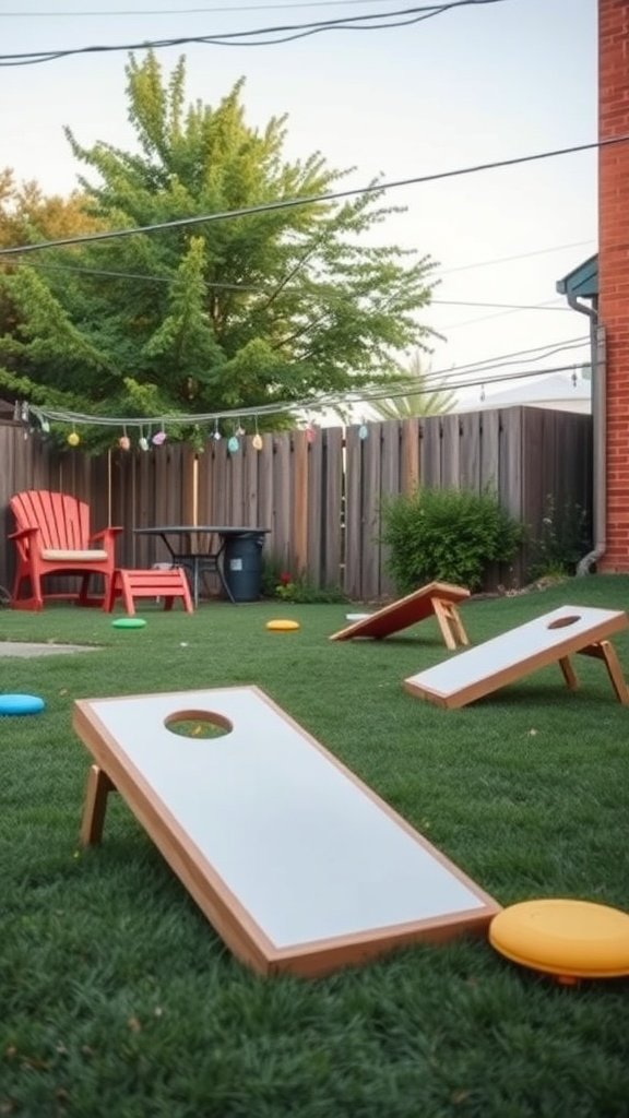 A backyard with cornhole boards and colorful frisbees, perfect for games.