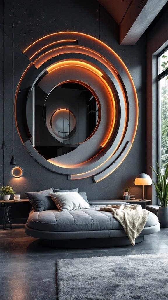 Futuristic cat wall shelf design featuring a cat's face and abstract wall elements